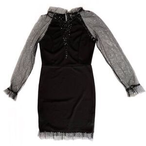 NWT CBR Black Long Sleeve Tulle Silver Paint Splatter Spackle Ruffle Dress S